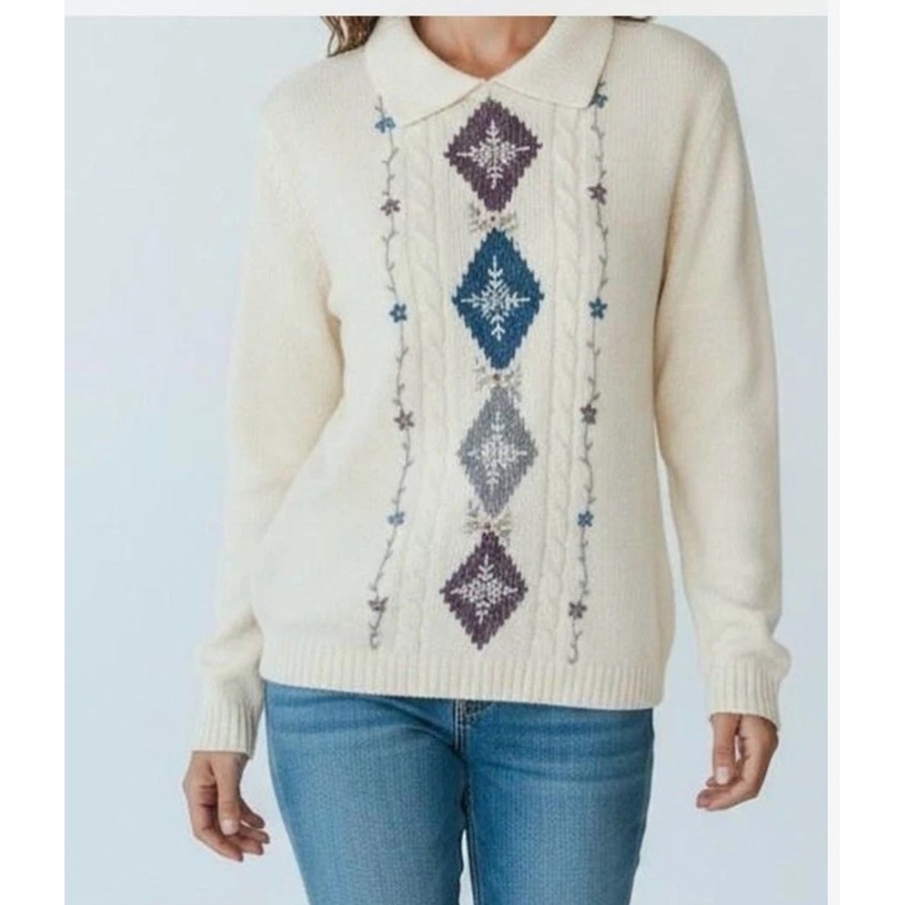 Alfred Dunner Women Vintage Sweater shoulder pads Sz. Sm. White EUC Comfy warm